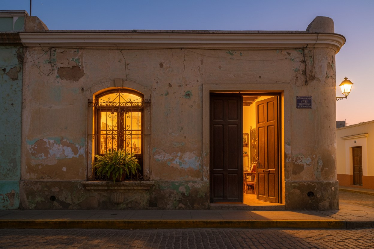Fachada de la casa-taller de Casa Quilla en Barranco al anochecer