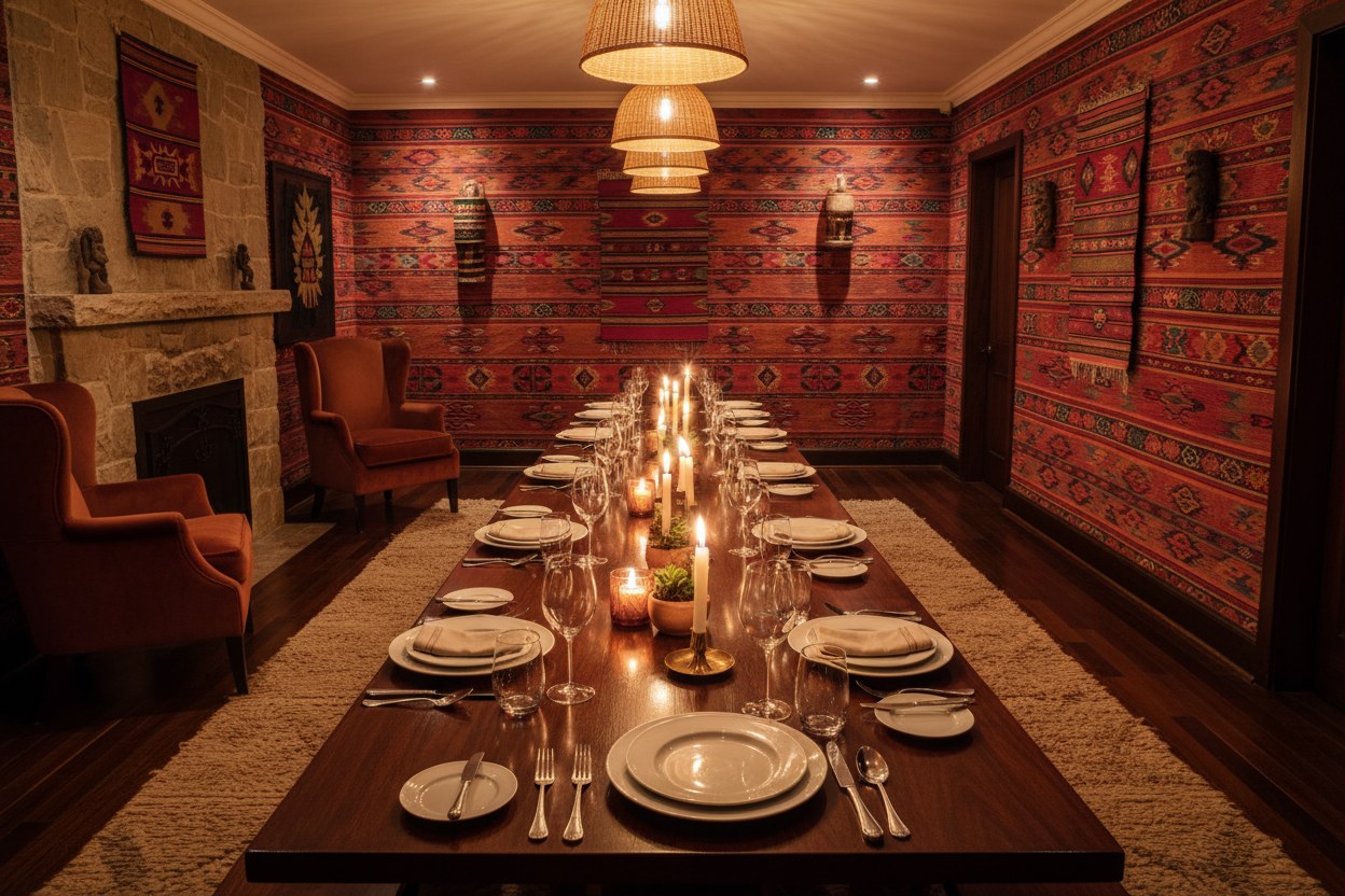 Sala y mesa compartida de Casa Quilla lista para la cena