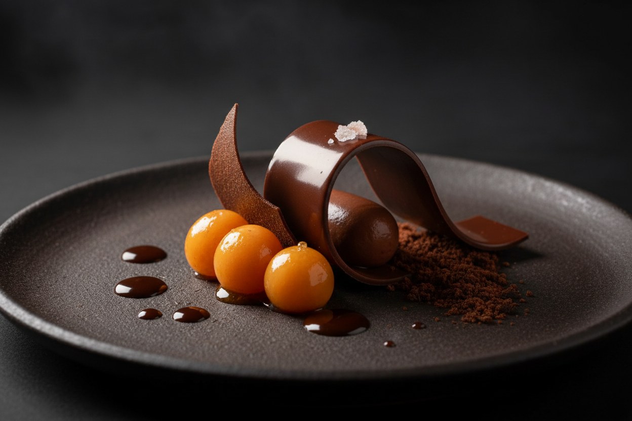 Postre de cacao de Chazuta con aguaymanto y sal de Maras